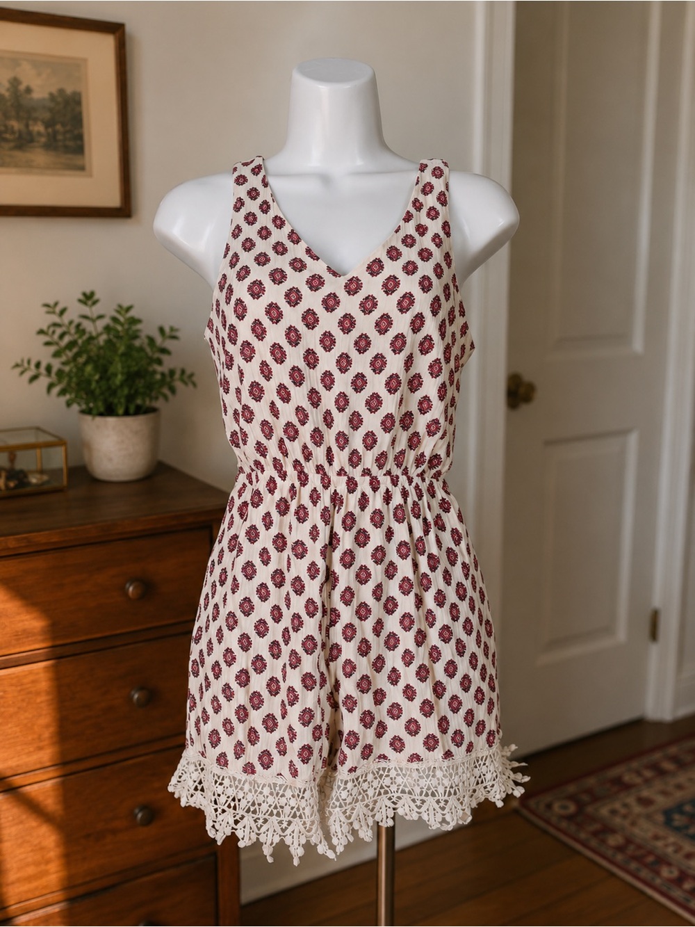 Papaya V Neck Romper w/Cream & Burgundy Trim Accent - SZS Boho Festival